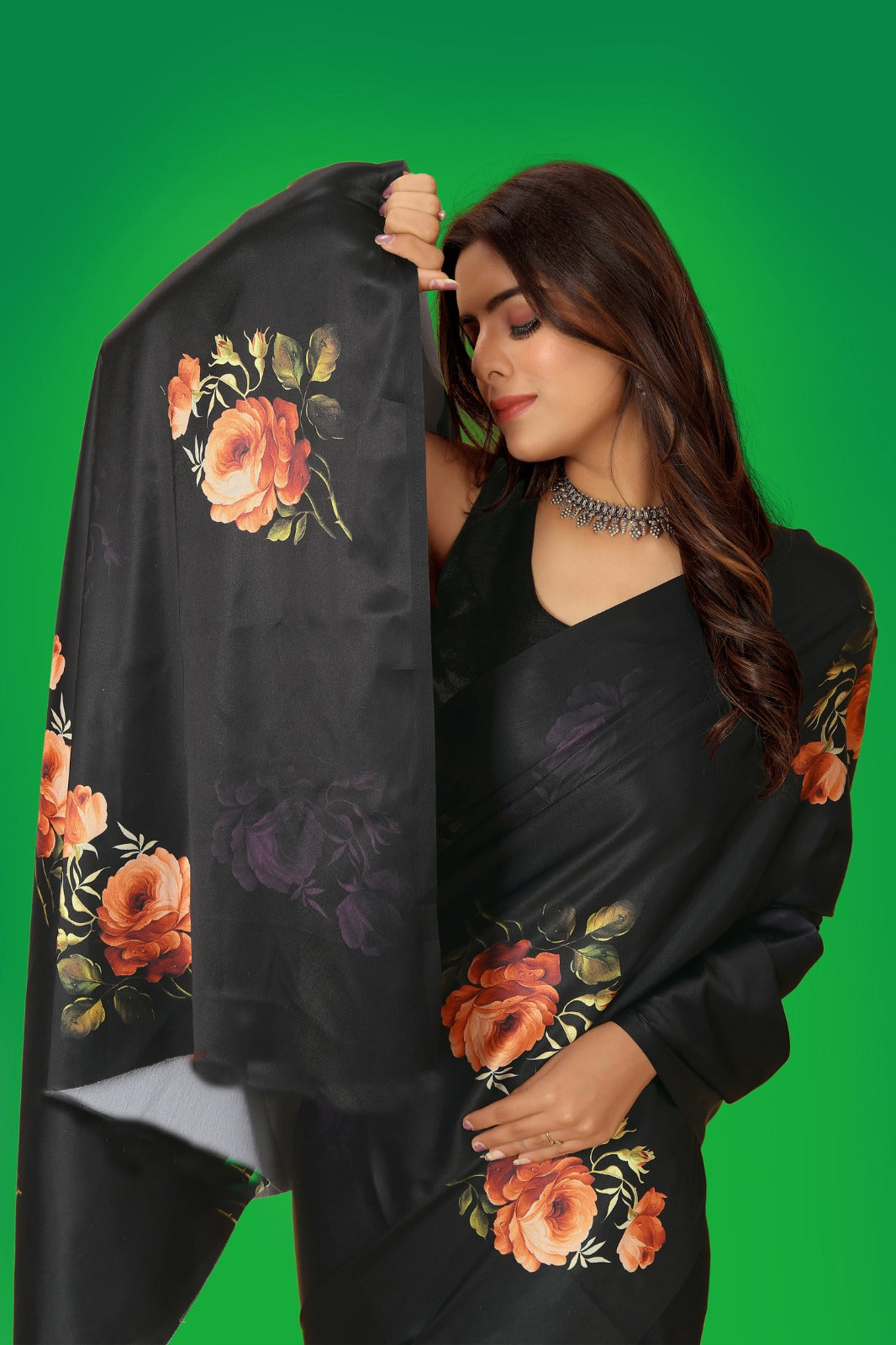 Black Satin Printed Saree